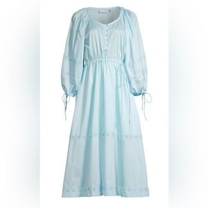 HARSHMAN Belle Blouson-sleeve Lace-trim Midi Dress In Light Blue Medium M NEW